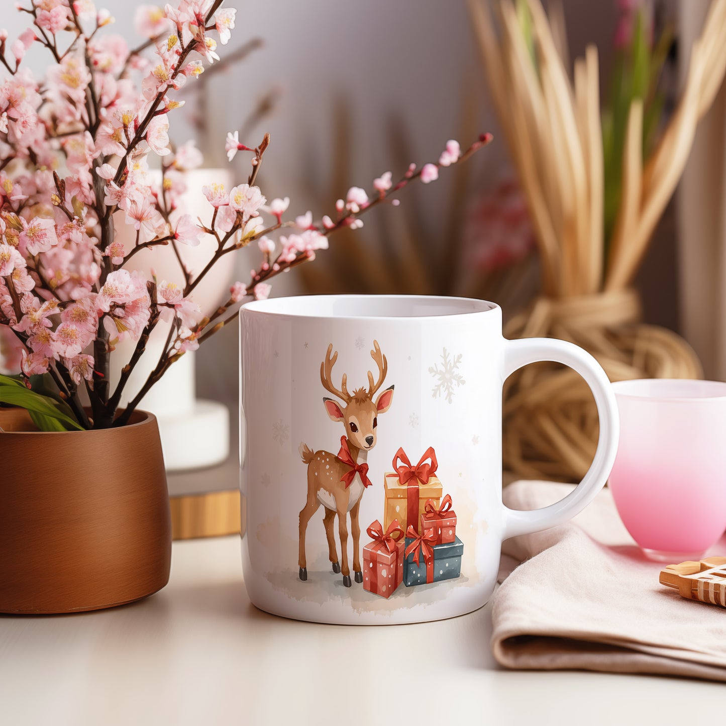 Hrnek s vánočním motivem – sob s dárky – sníh, sob, dárky – varianta 33