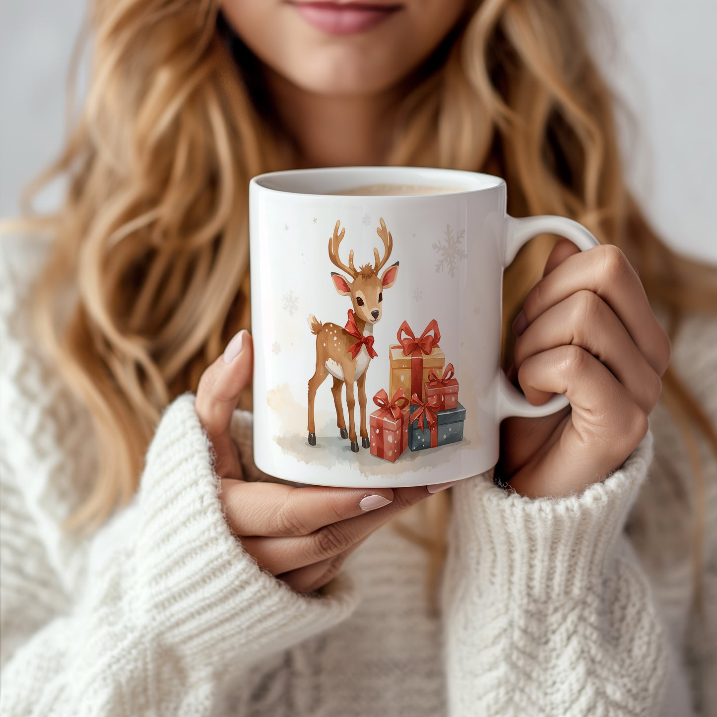 Hrnek s vánočním motivem – sob s dárky – sníh, sob, dárky – varianta 33