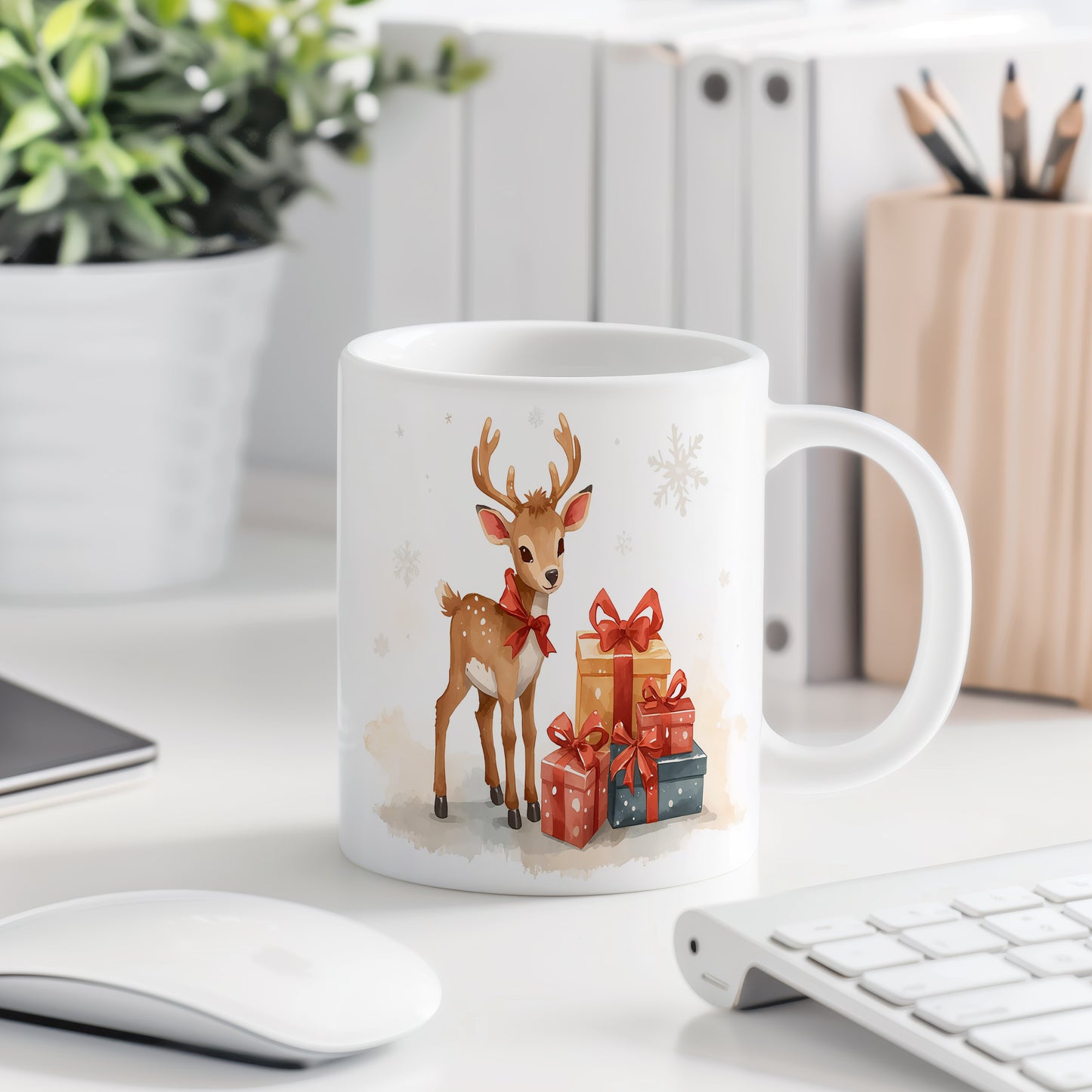 Hrnek s vánočním motivem – sob s dárky – sníh, sob, dárky – varianta 33