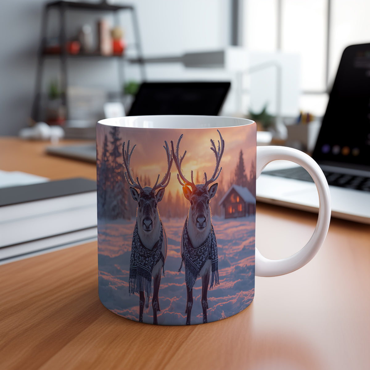 Hrnek s vánočním motivem – sobi v šálách při západu slunce