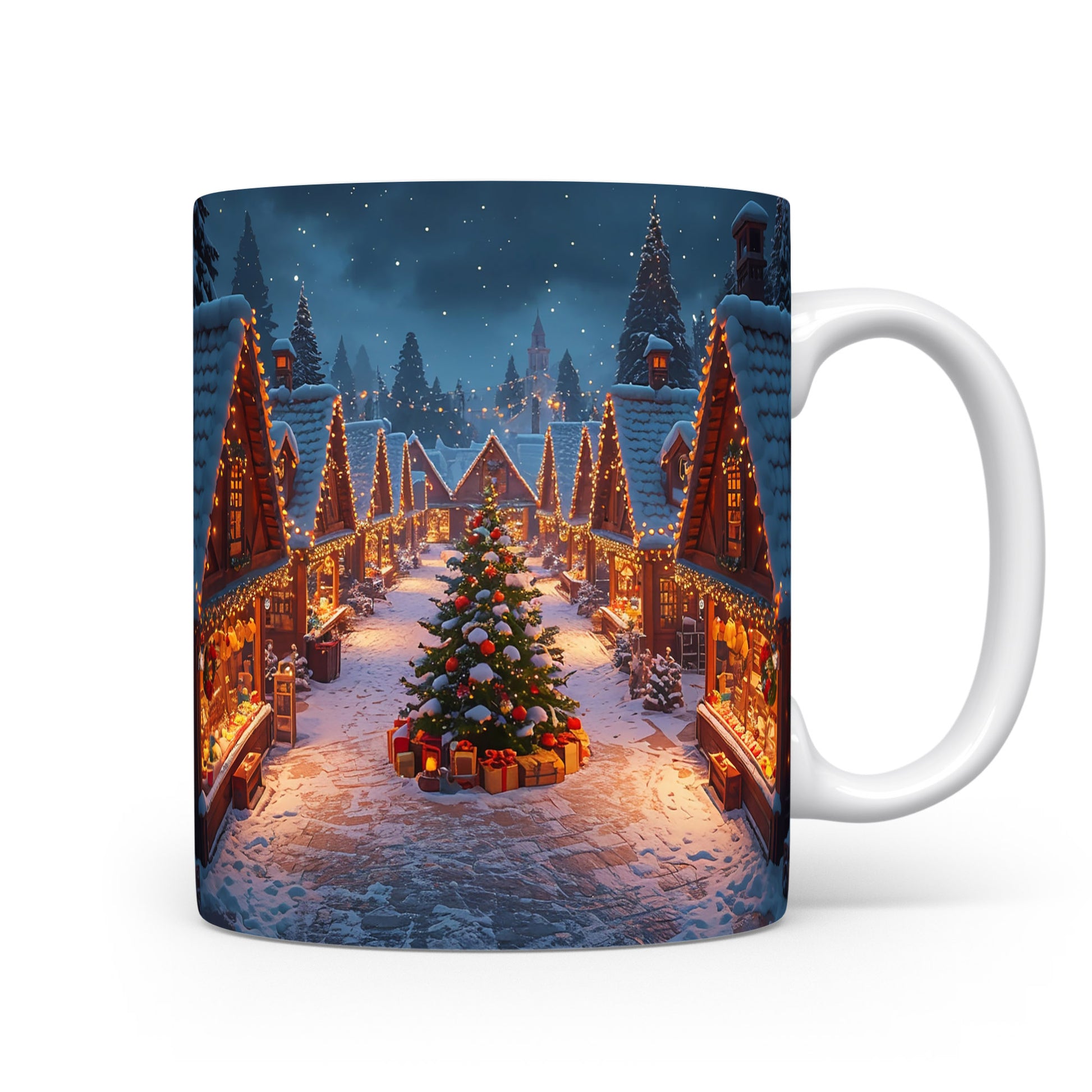 Hrnek s vánoční vesnicí a stromem.