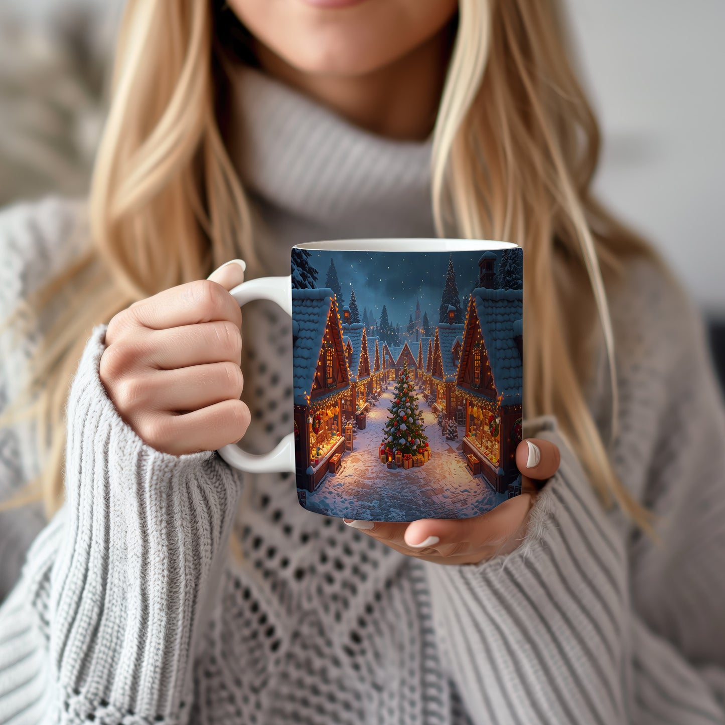 Hrnek s vánočním motivem – zasněžené domky a vánoční strom