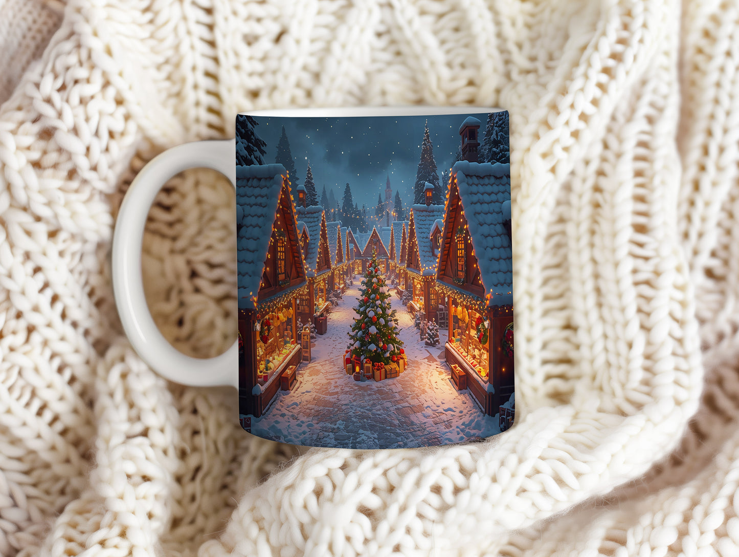 Hrnek s vánočním motivem – zasněžené domky a vánoční strom