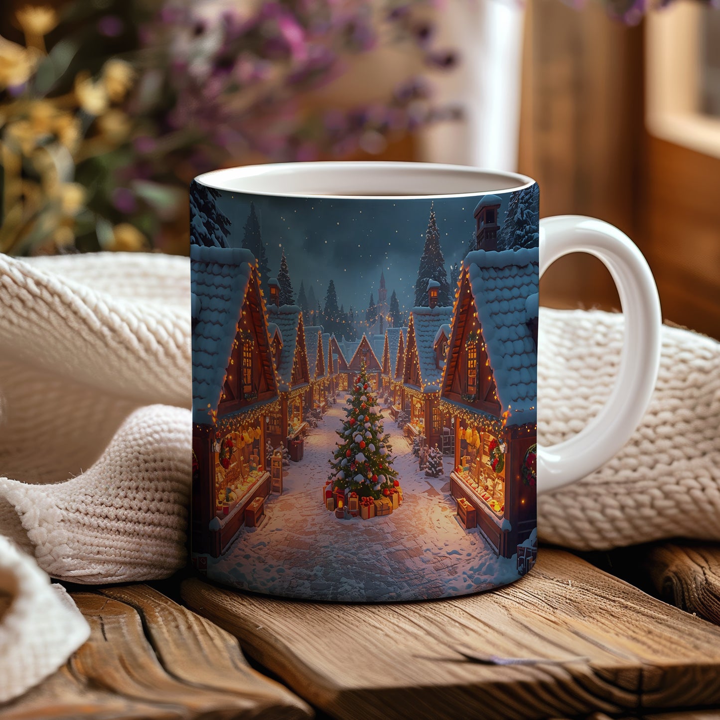 Hrnek s vánočním motivem – zasněžené domky a vánoční strom