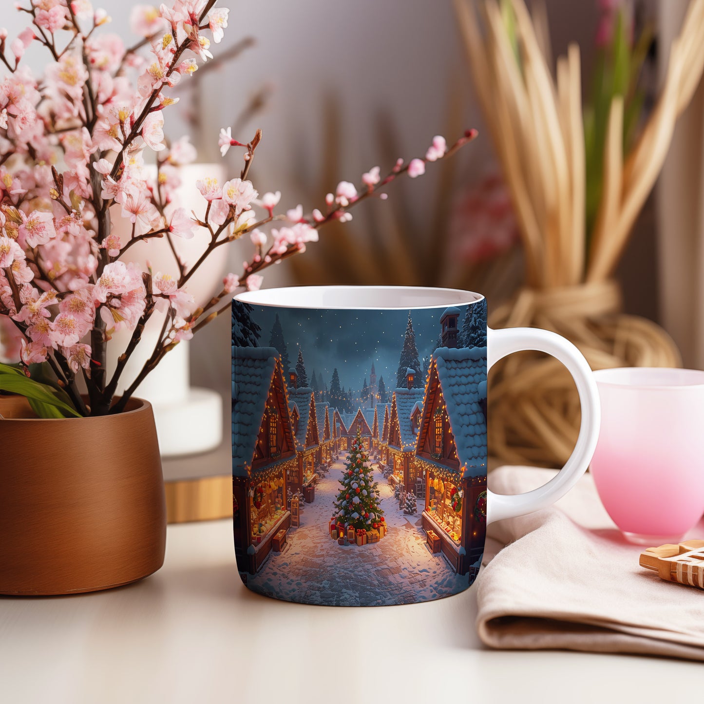 Hrnek s vánočním motivem – zasněžené domky a vánoční strom