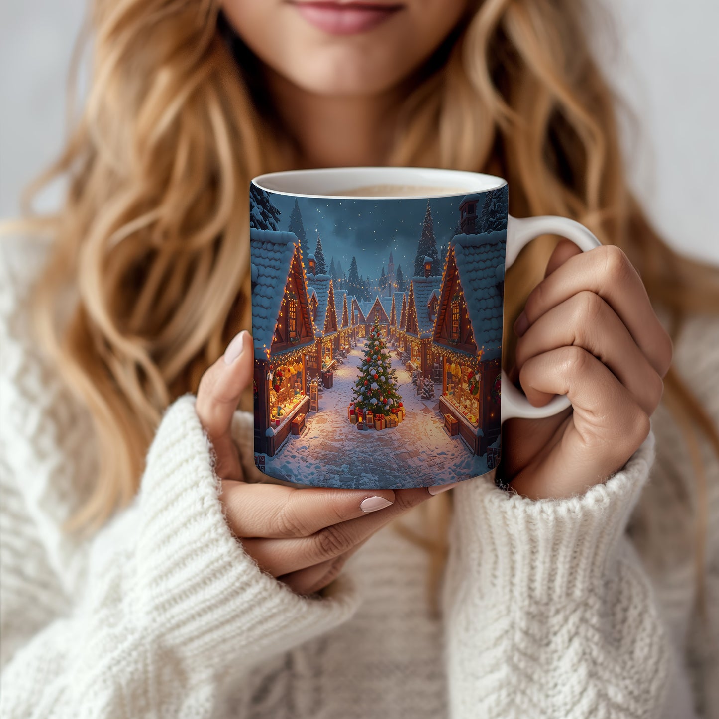 Hrnek s vánočním motivem – zasněžené domky a vánoční strom