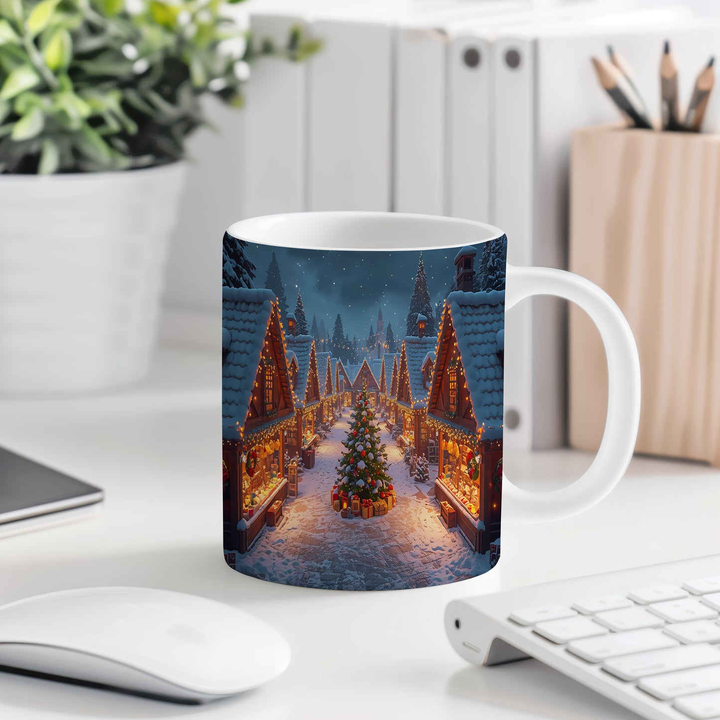 Hrnek s vánočním motivem – zasněžené domky a vánoční strom