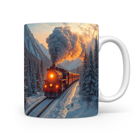 Hrnek s parní lokomotivou v horách.