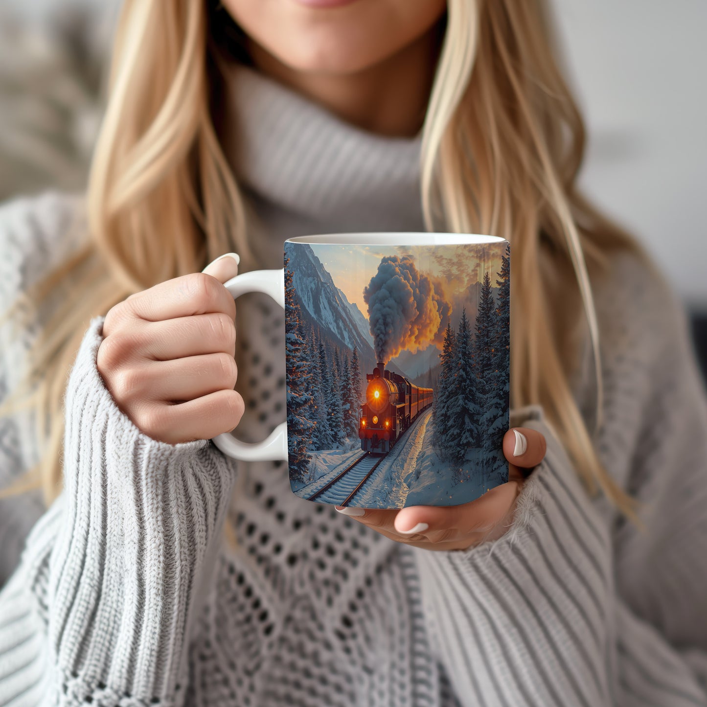 Hrnek s vánočním motivem – parní lokomotiva v horách