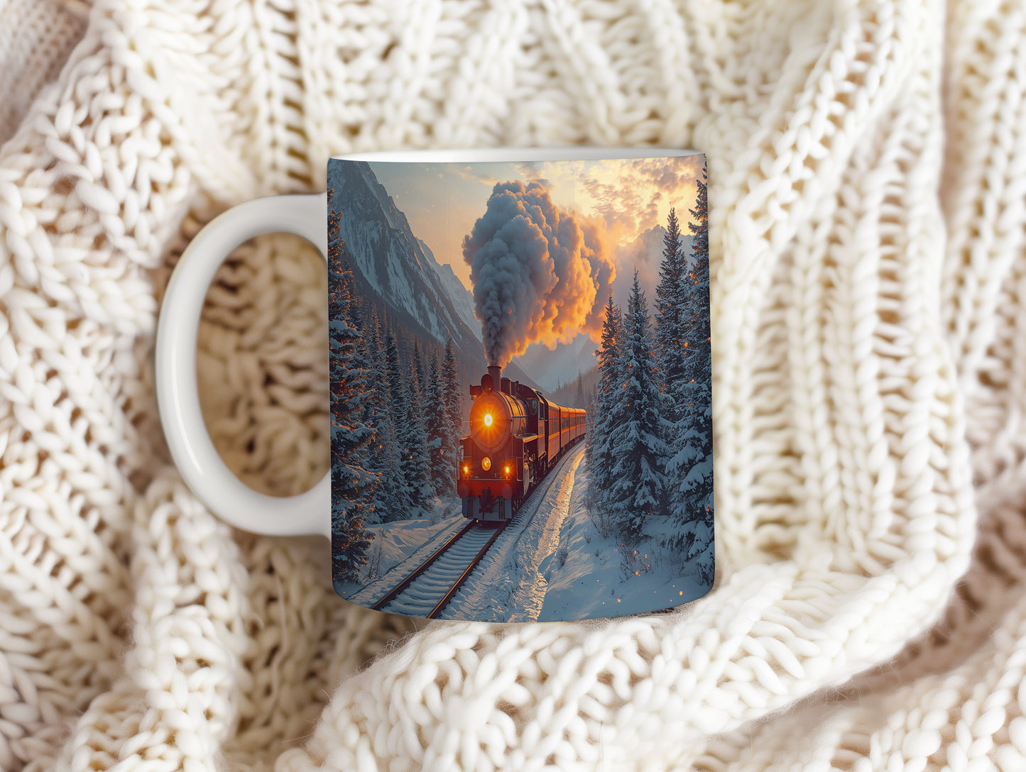 Hrnek s vánočním motivem – parní lokomotiva v horách