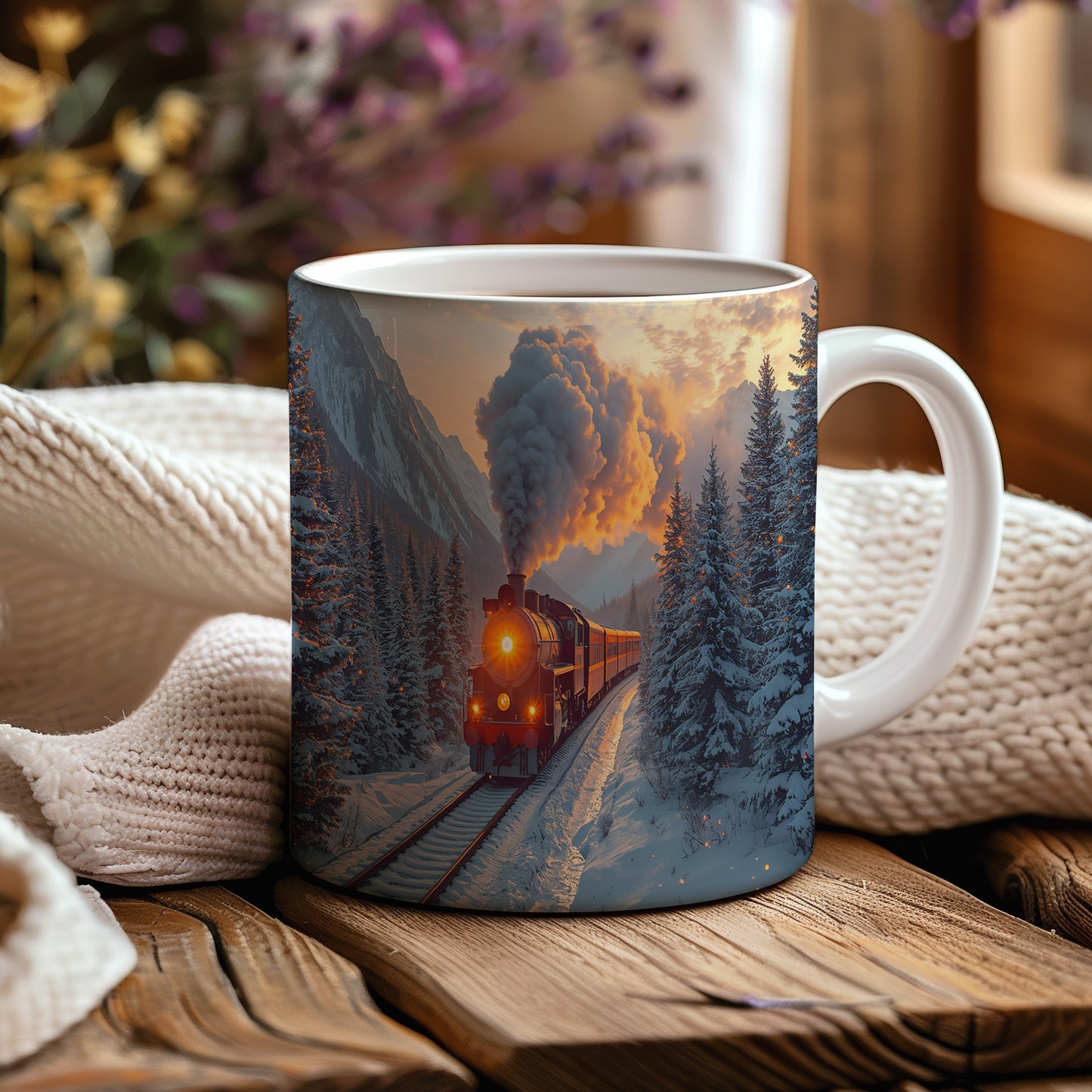 Hrnek s vánočním motivem – parní lokomotiva v horách