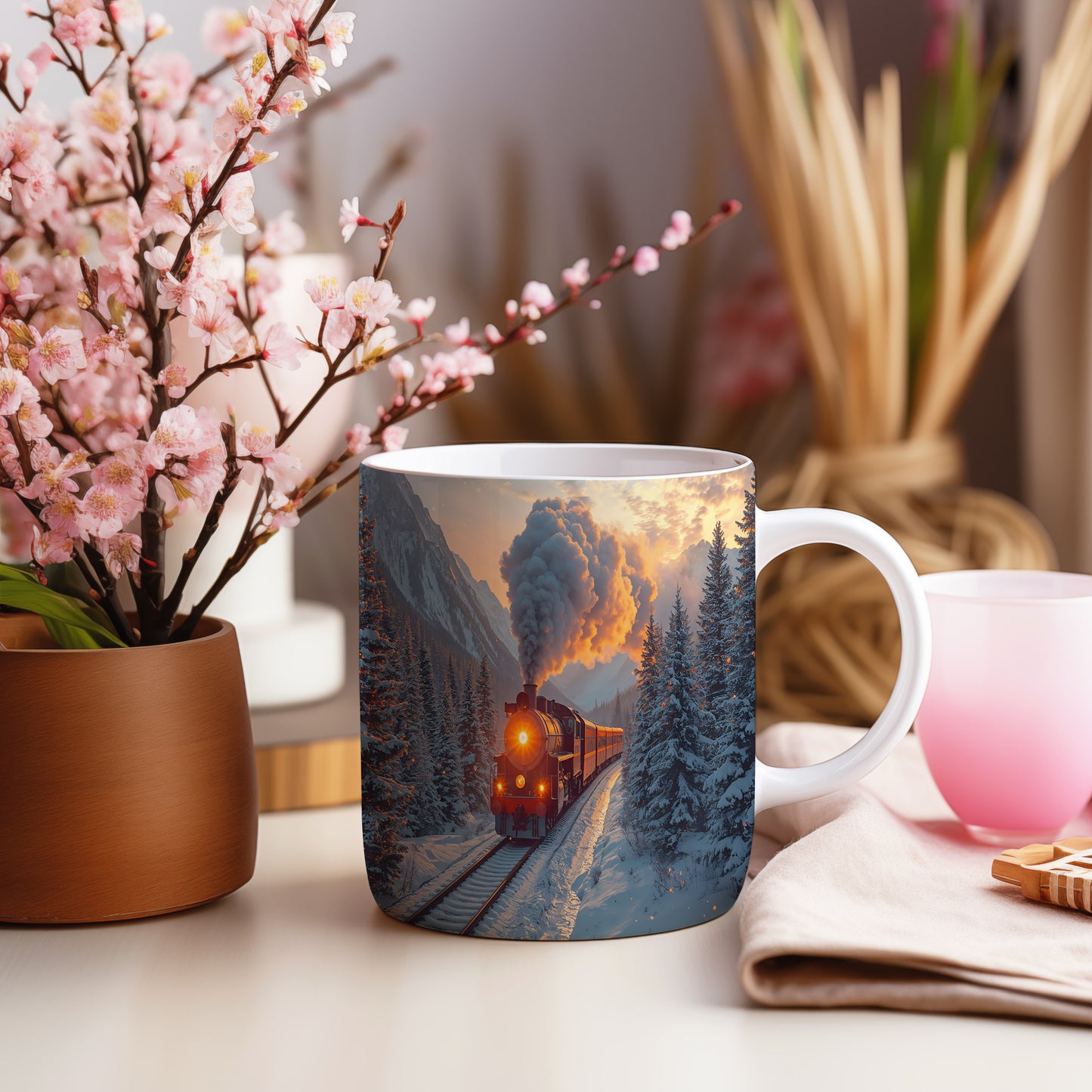 Hrnek s vánočním motivem – parní lokomotiva v horách