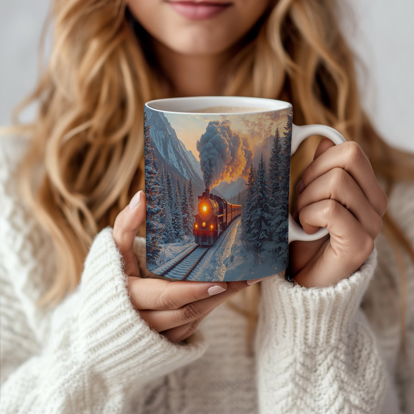 Hrnek s vánočním motivem – parní lokomotiva v horách