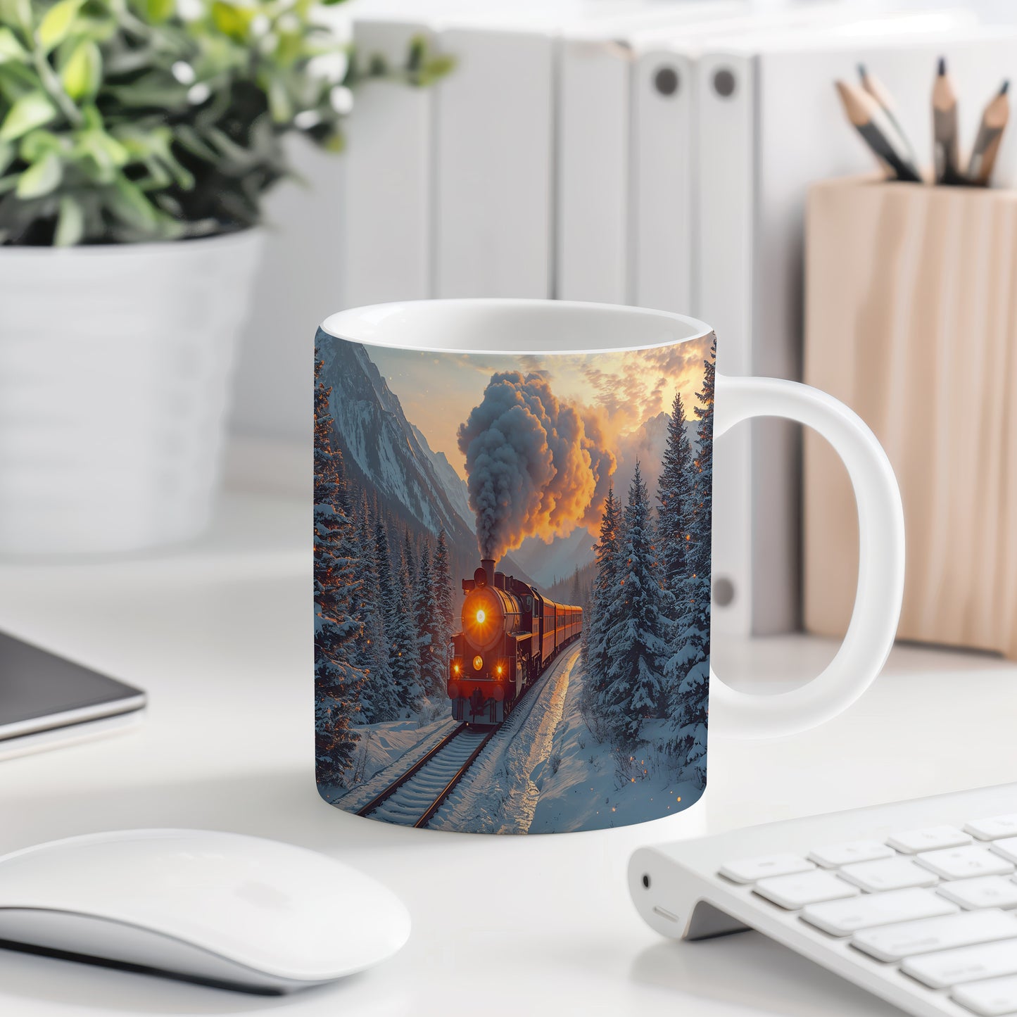 Hrnek s vánočním motivem – parní lokomotiva v horách