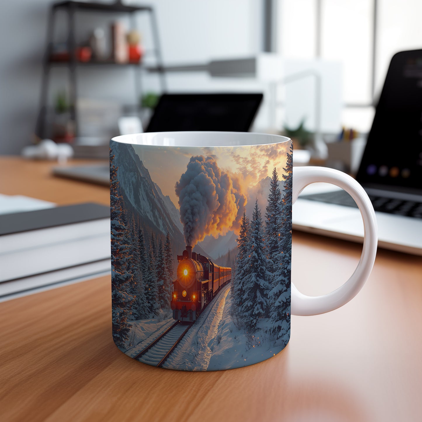 Hrnek s vánočním motivem – parní lokomotiva v horách