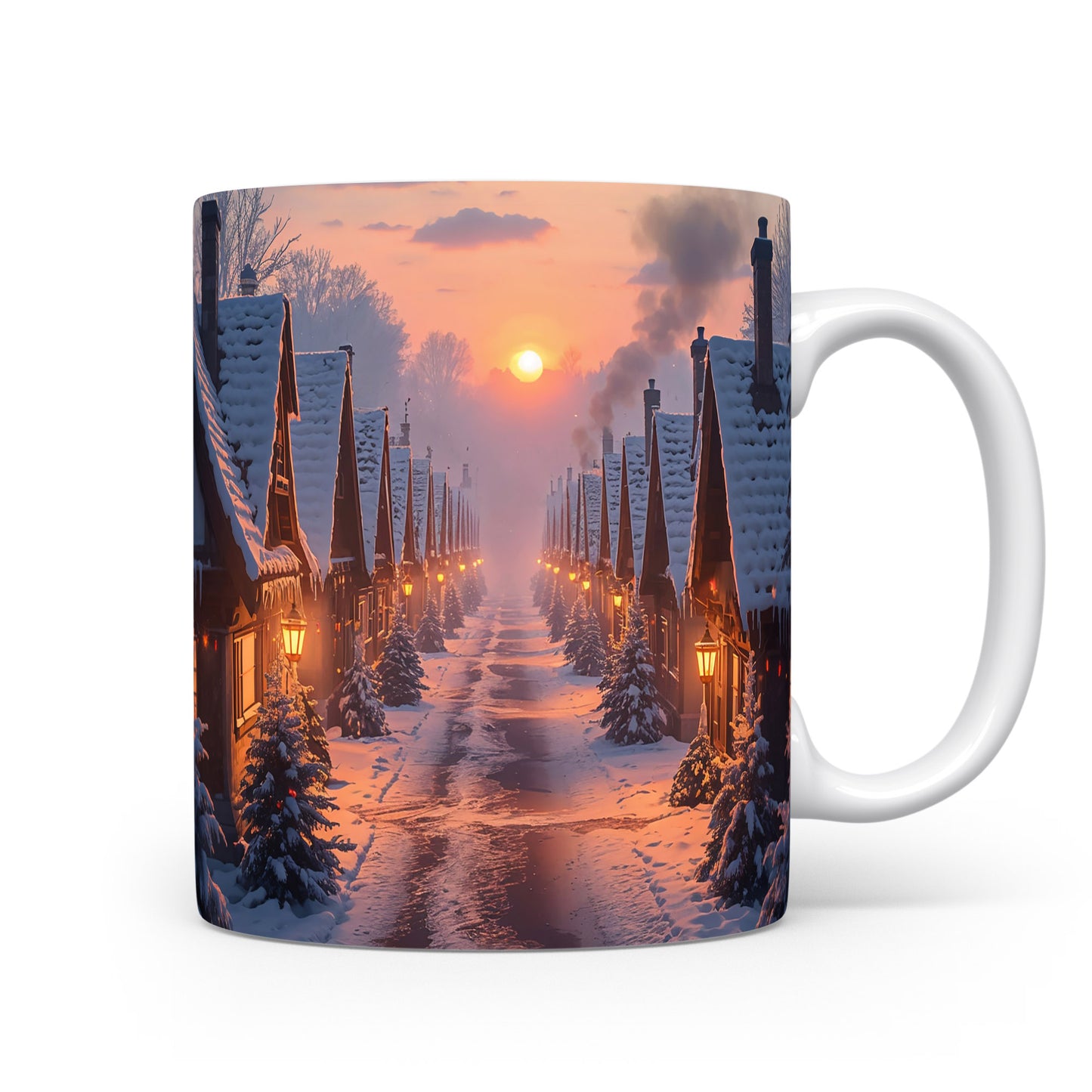 Hrnek s motivem zasněžené ulice.