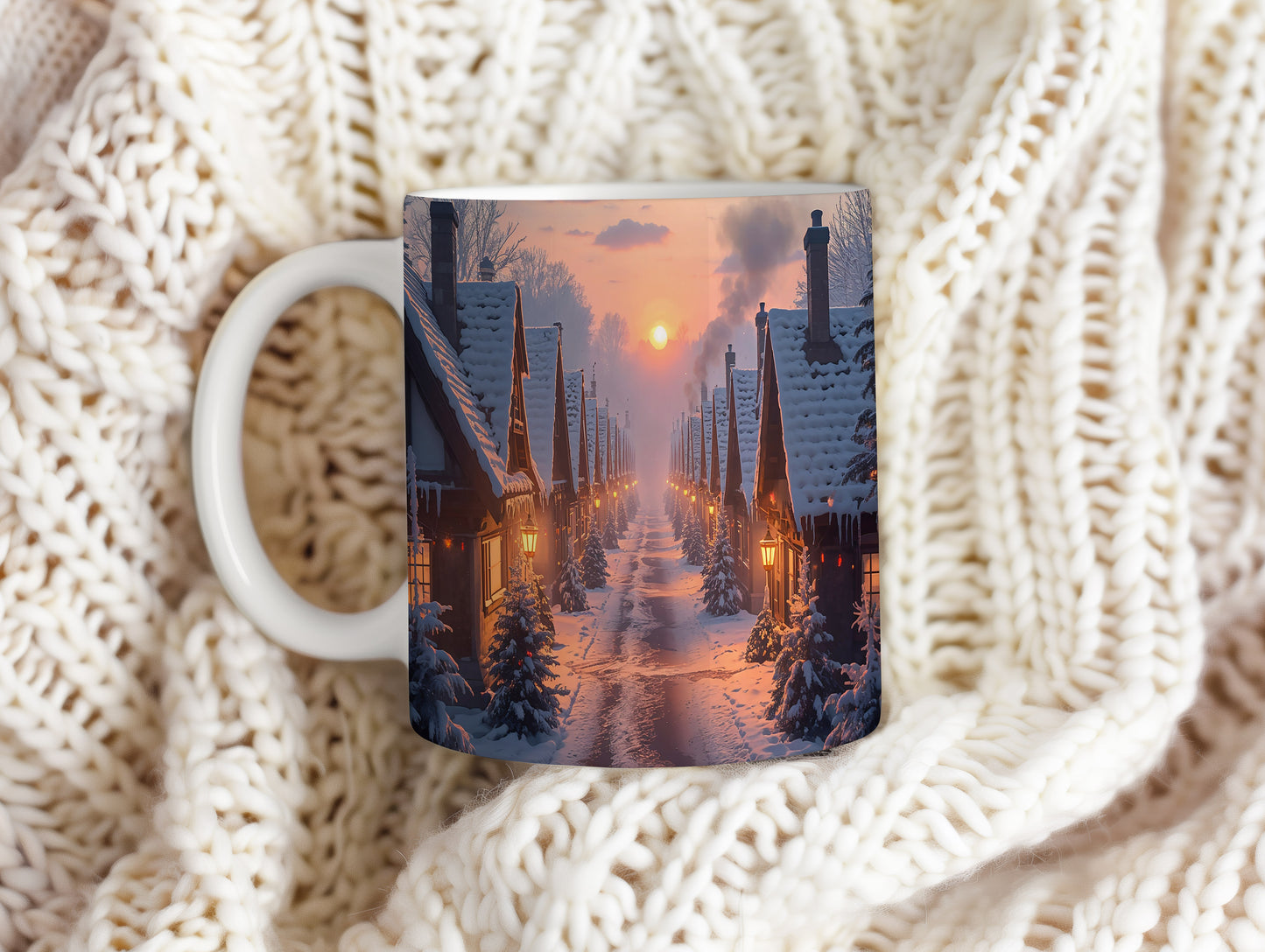 Hrnek s vánočním motivem – zasněžená ulice při západu slunce – sníh, vesnička