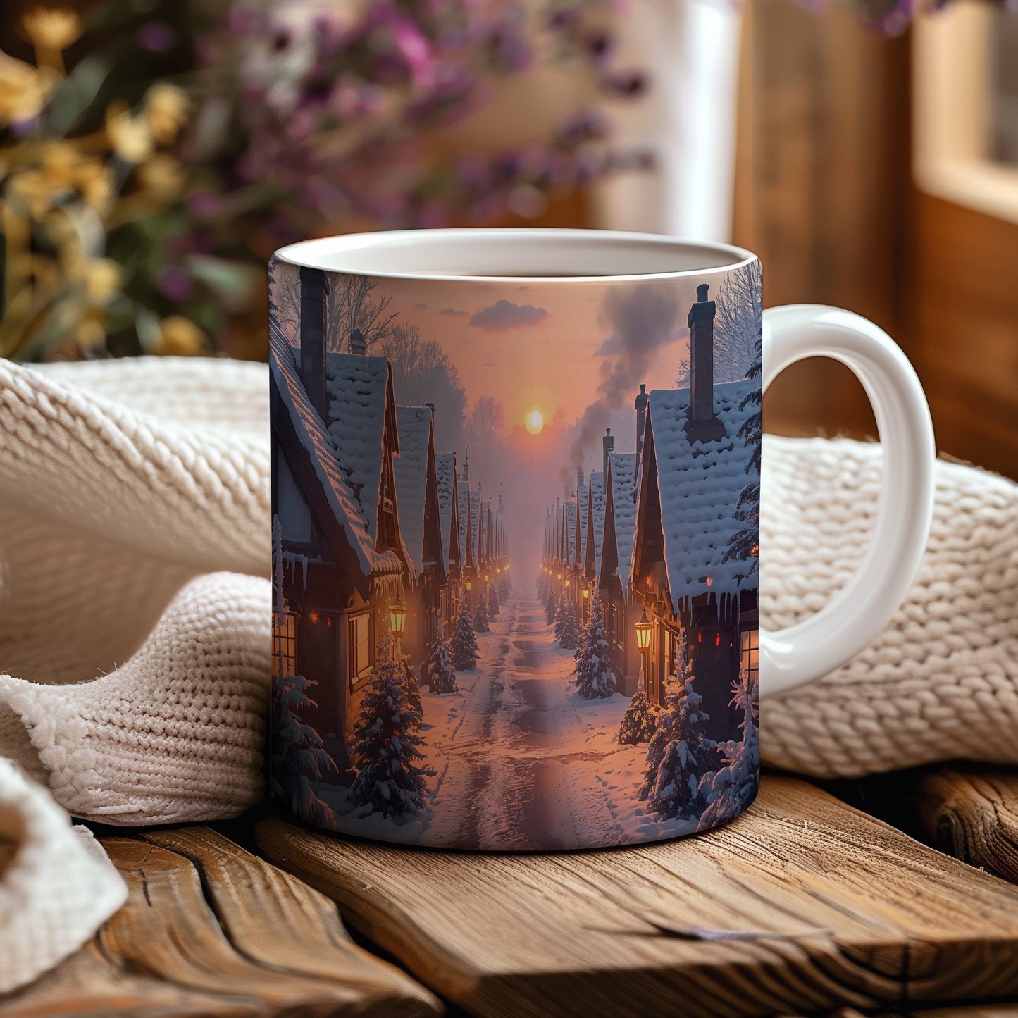 Hrnek s vánočním motivem – zasněžená ulice při západu slunce – sníh, vesnička