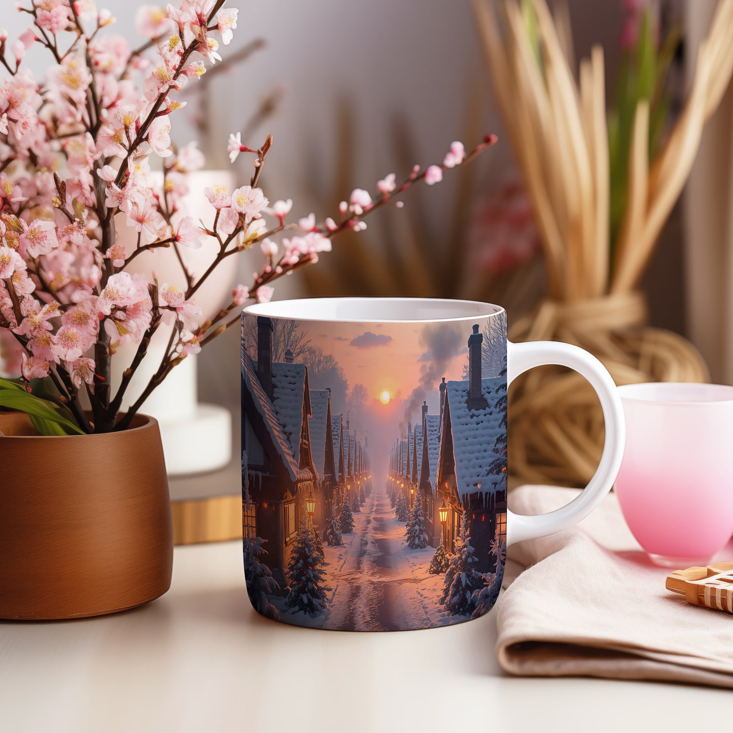 Hrnek s vánočním motivem – zasněžená ulice při západu slunce – sníh, vesnička