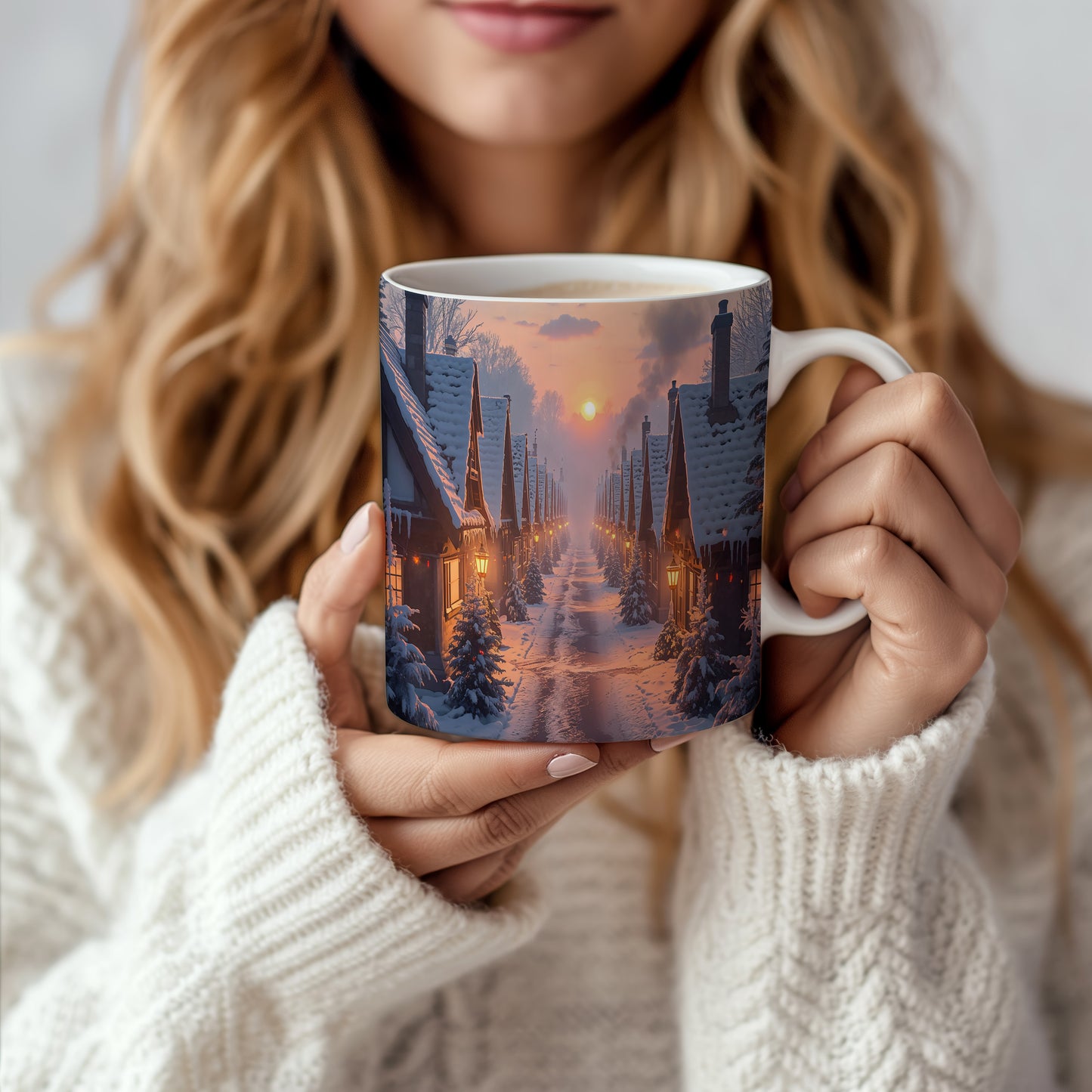 Hrnek s vánočním motivem – zasněžená ulice při západu slunce – sníh, vesnička