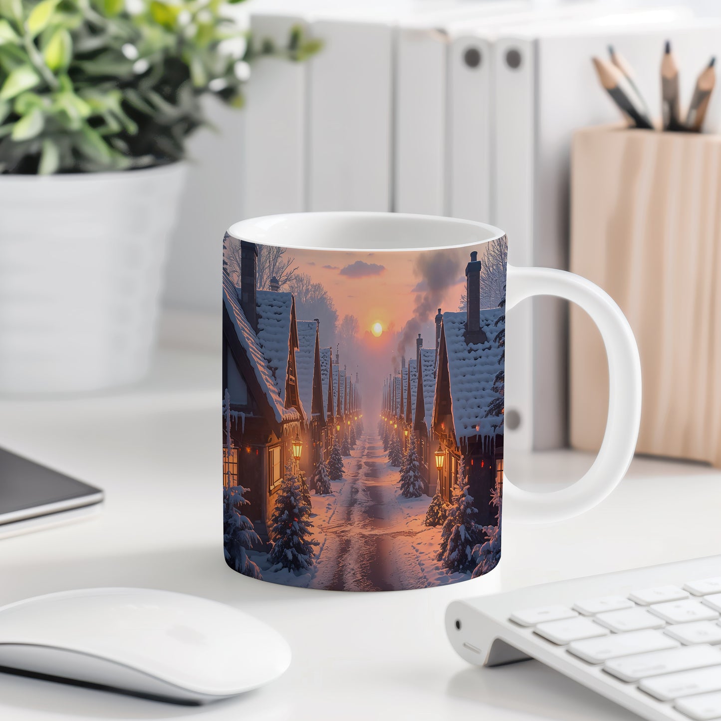 Hrnek s vánočním motivem – zasněžená ulice při západu slunce – sníh, vesnička