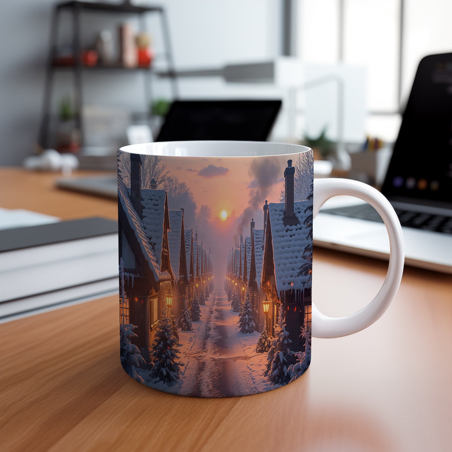Hrnek s vánočním motivem – zasněžená ulice při západu slunce – sníh, vesnička