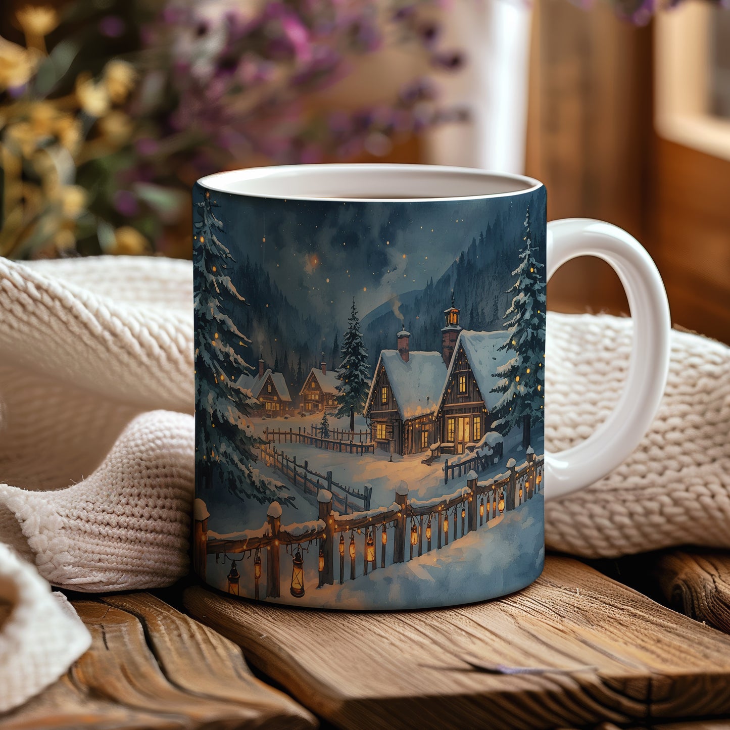 Hrnek s vánočním motivem – zasněžené chalupy s lucernami – sníh, vesnička, lucerny