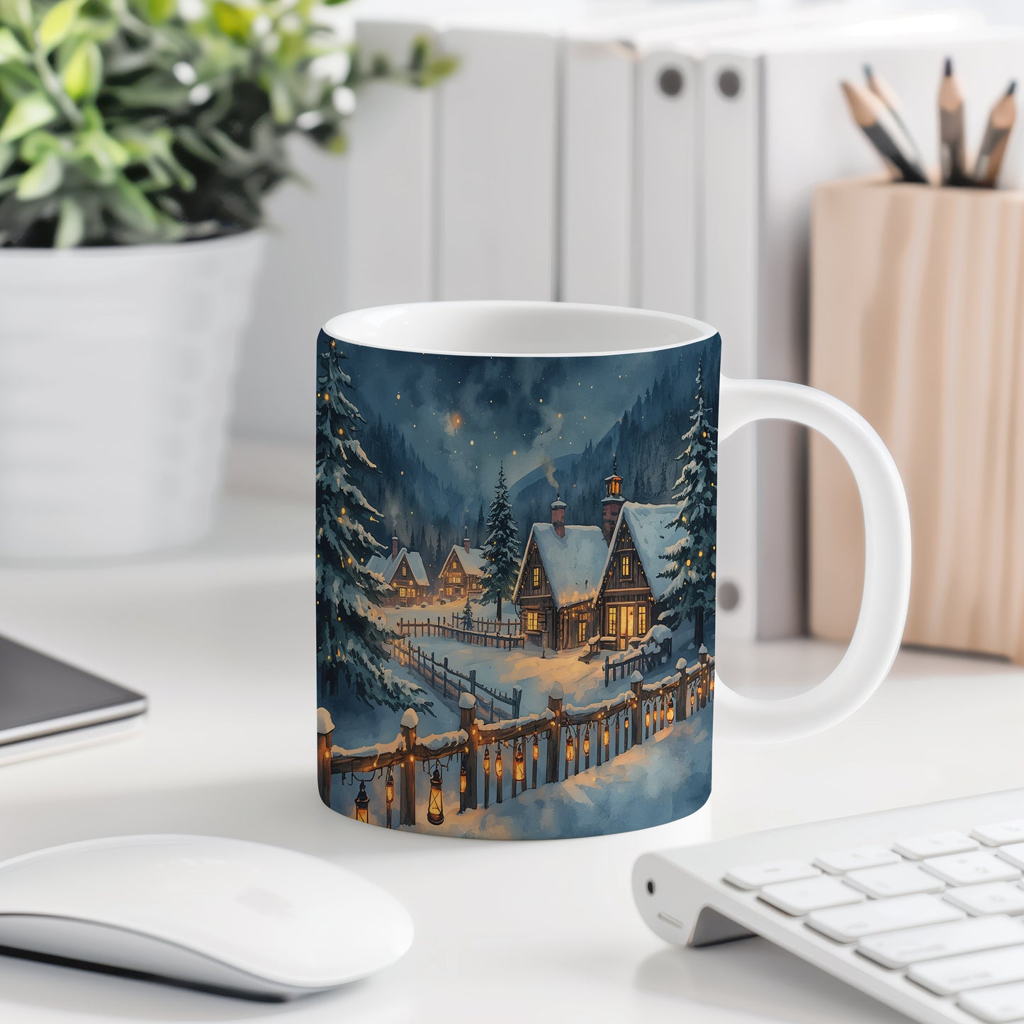 Hrnek s vánočním motivem – zasněžené chalupy s lucernami – sníh, vesnička, lucerny