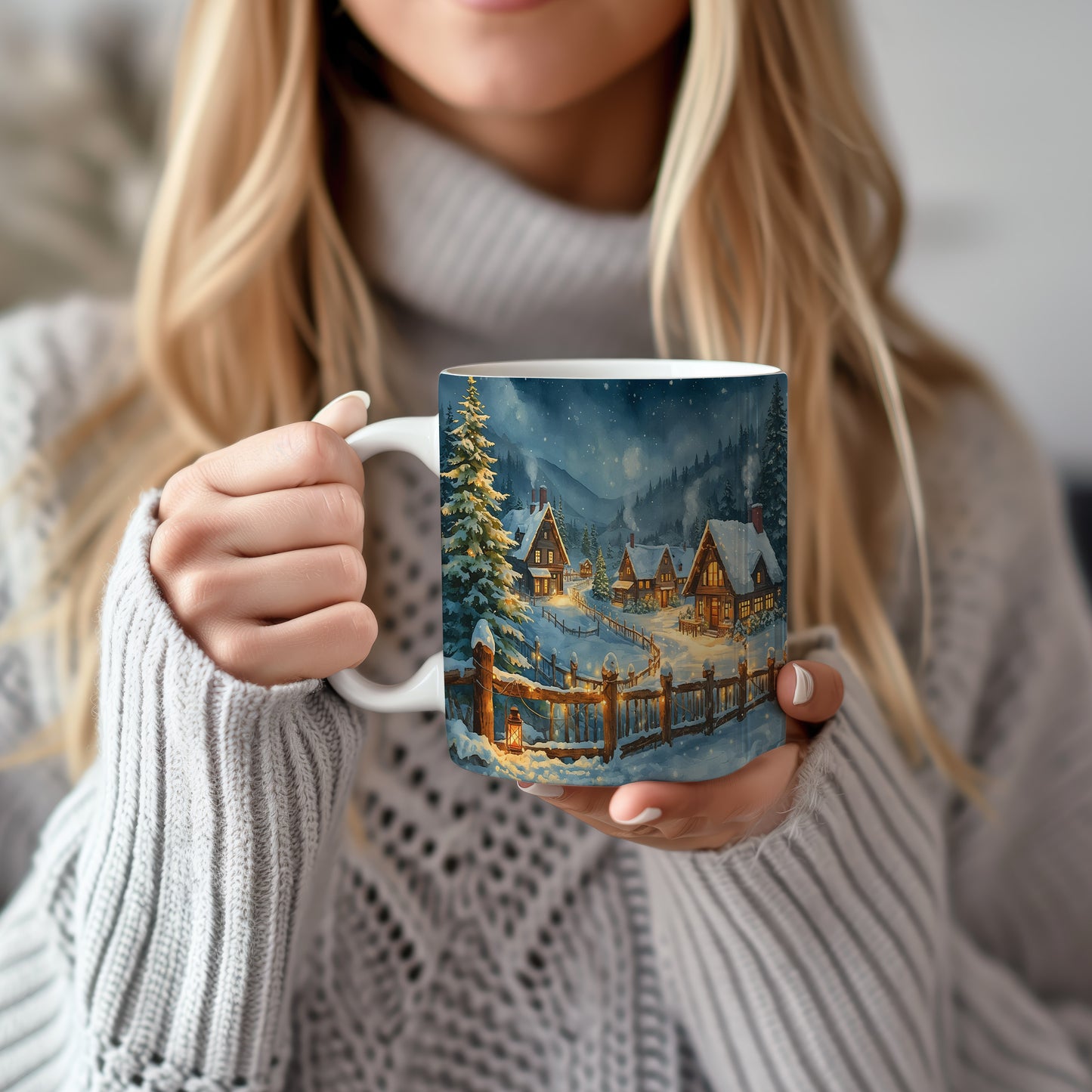 Hrnek s vánočním motivem – zasněžená chaloupka – sníh, chaloupky – varianta 43