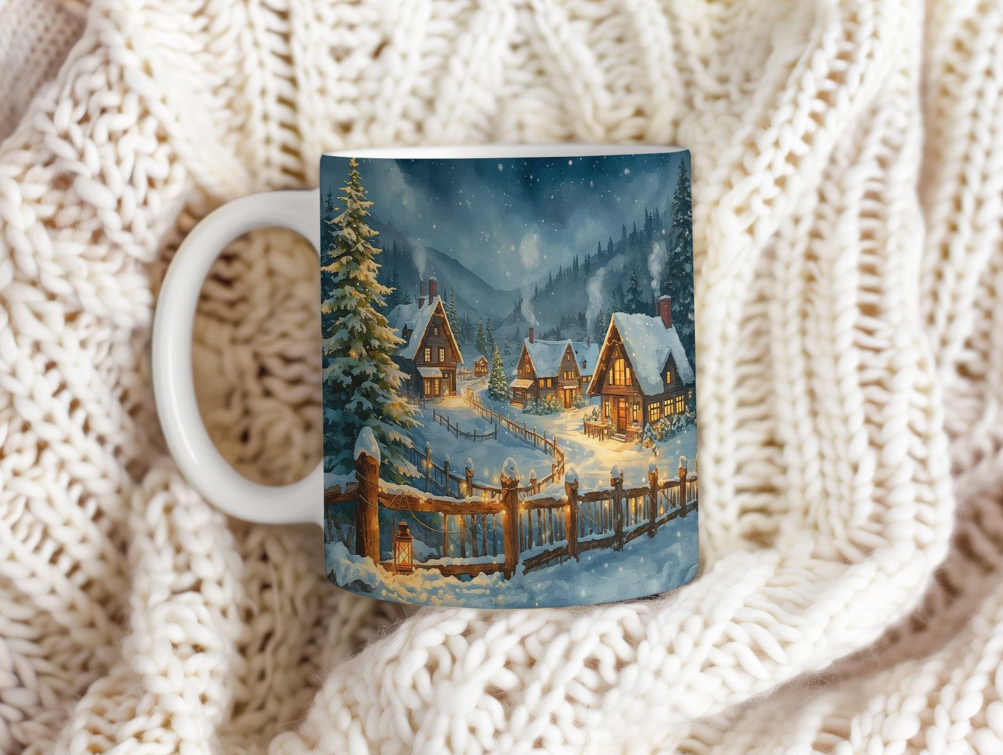 Hrnek s vánočním motivem – zasněžená chaloupka – sníh, chaloupky – varianta 43