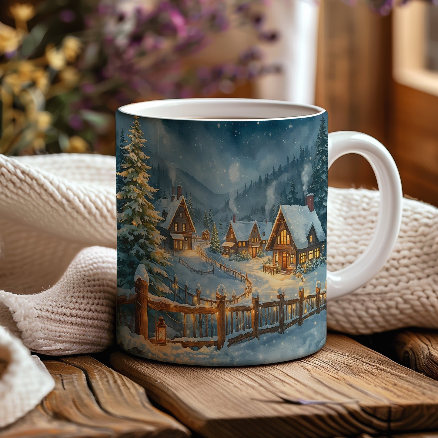 Hrnek s vánočním motivem – zasněžená chaloupka – sníh, chaloupky – varianta 43