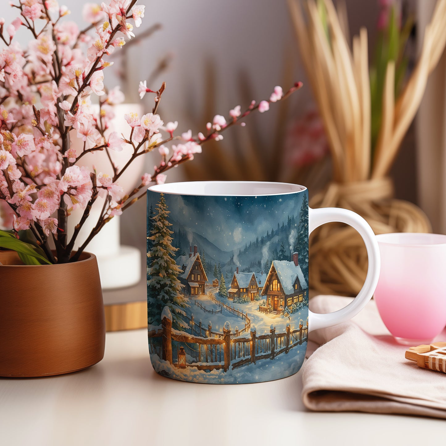 Hrnek s vánočním motivem – zasněžená chaloupka – sníh, chaloupky – varianta 43