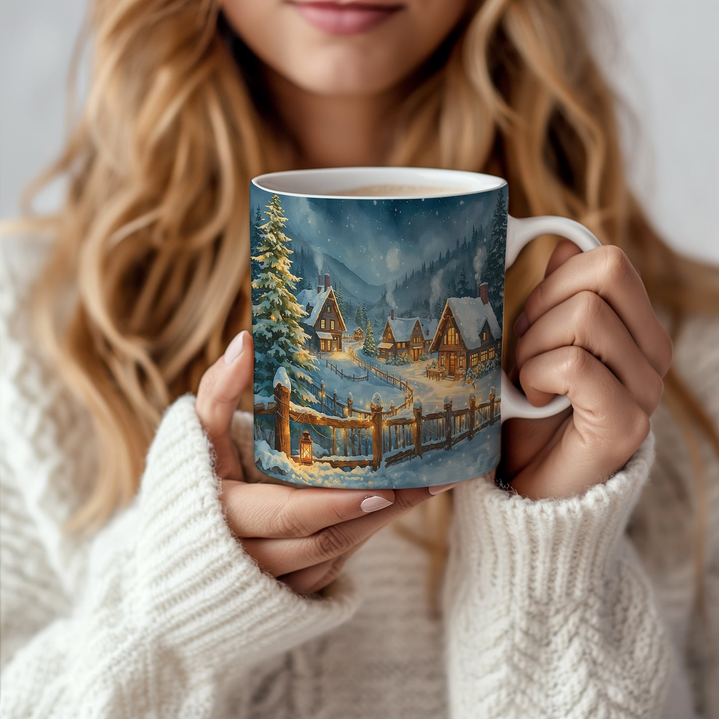 Hrnek s vánočním motivem – zasněžená chaloupka – sníh, chaloupky – varianta 43