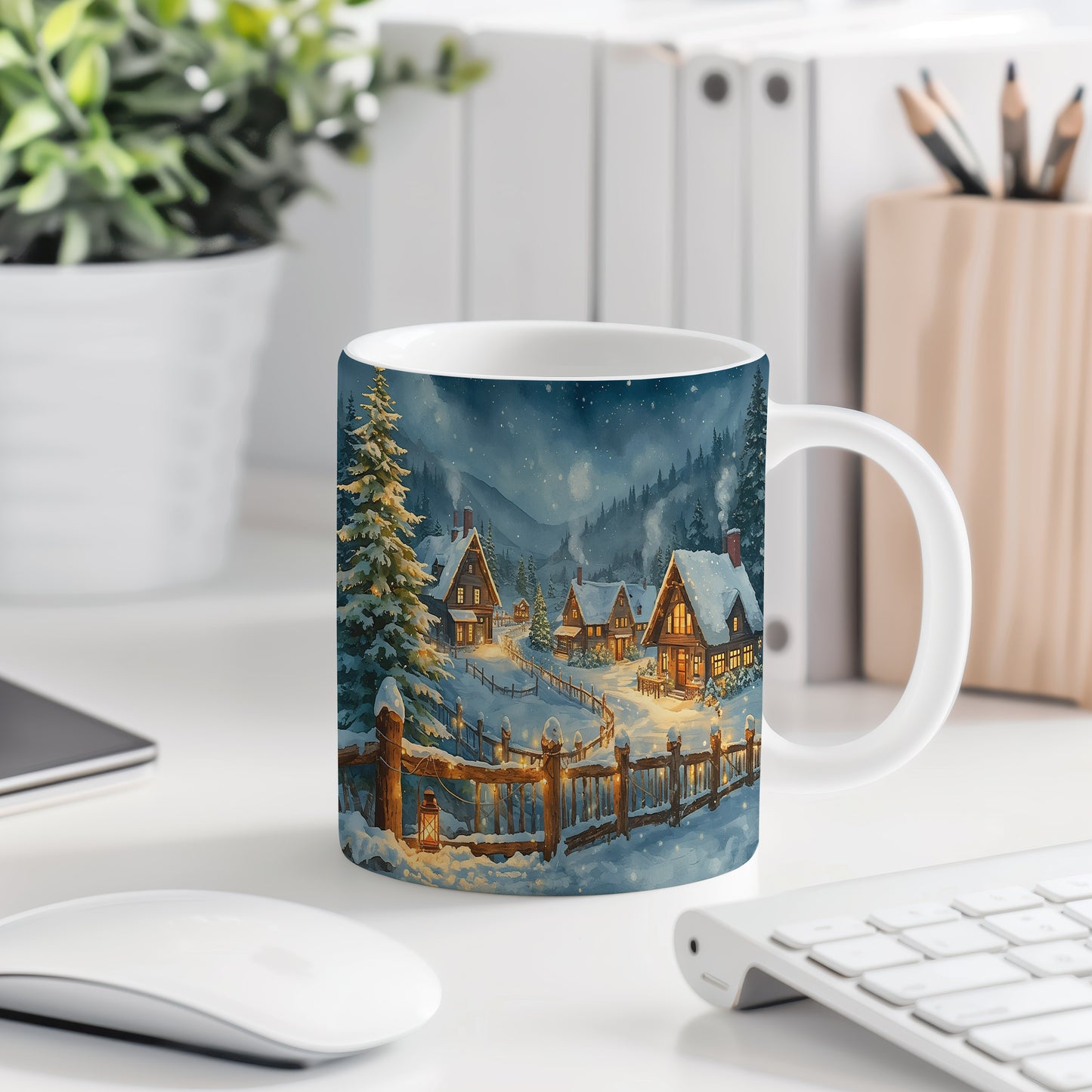 Hrnek s vánočním motivem – zasněžená chaloupka – sníh, chaloupky – varianta 43