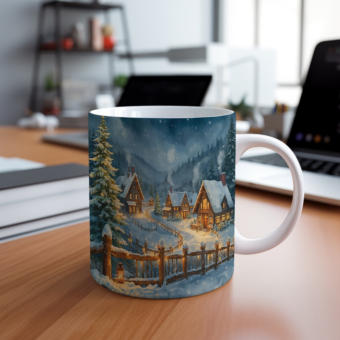 Hrnek s vánočním motivem – zasněžená chaloupka – sníh, chaloupky – varianta 43