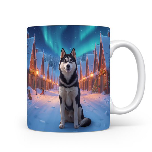 Hrnek s husky a polární září.