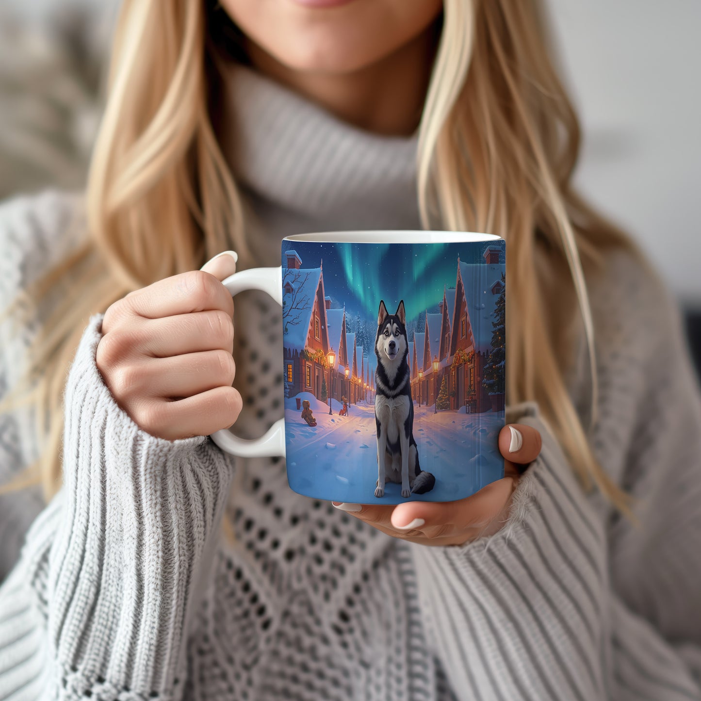 Hrnek s vánočním motivem – polární záře a husky – sníh, husky