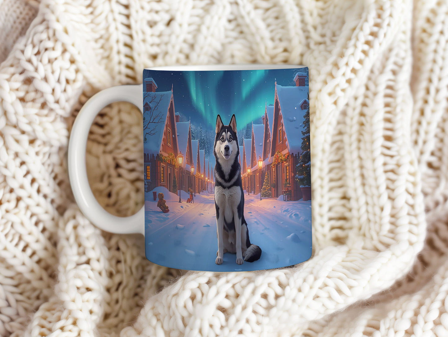 Hrnek s vánočním motivem – polární záře a husky – sníh, husky