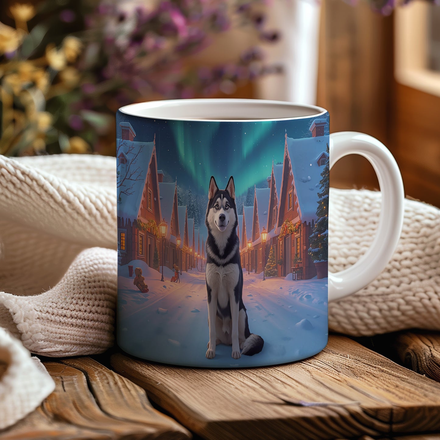 Hrnek s vánočním motivem – polární záře a husky – sníh, husky