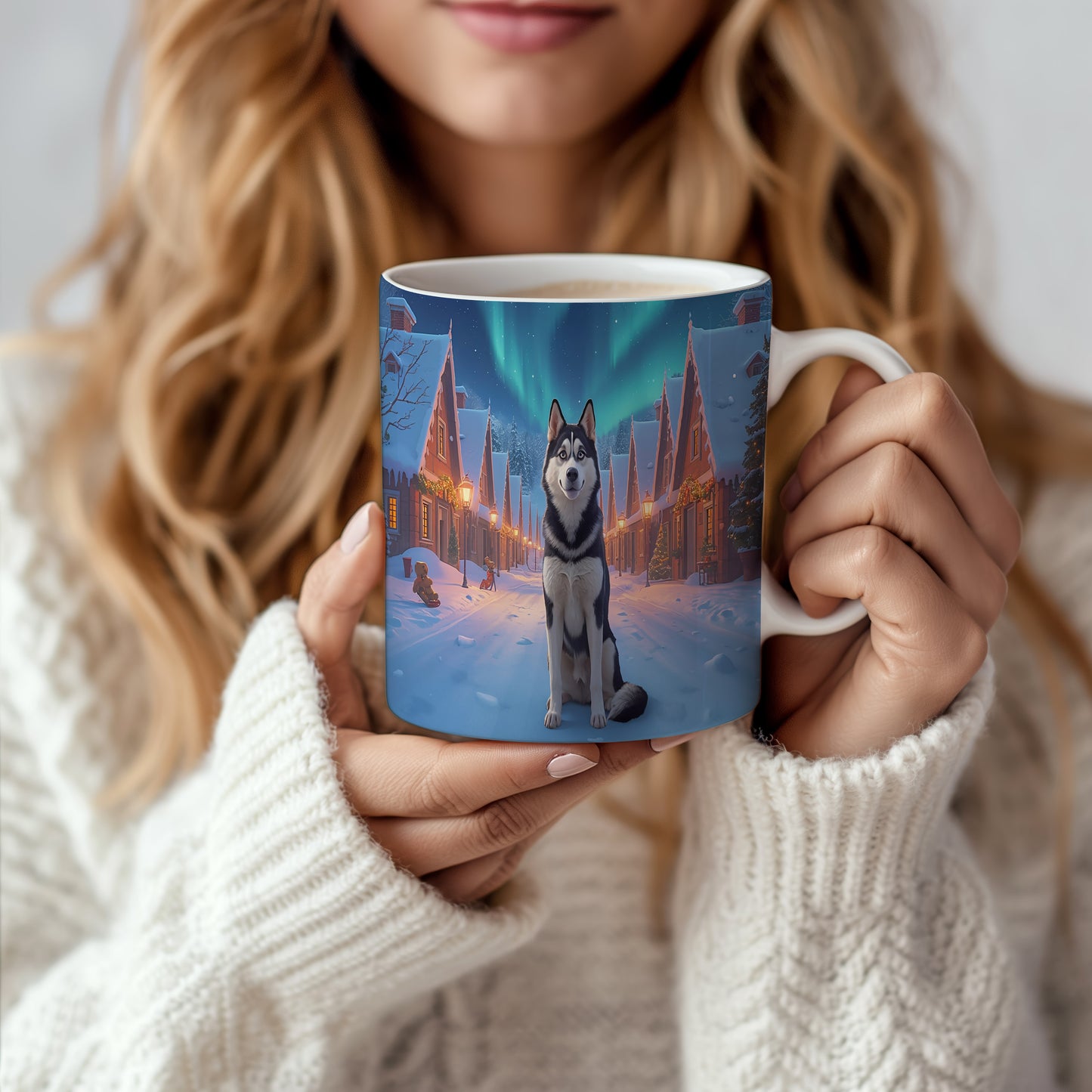 Hrnek s vánočním motivem – polární záře a husky – sníh, husky