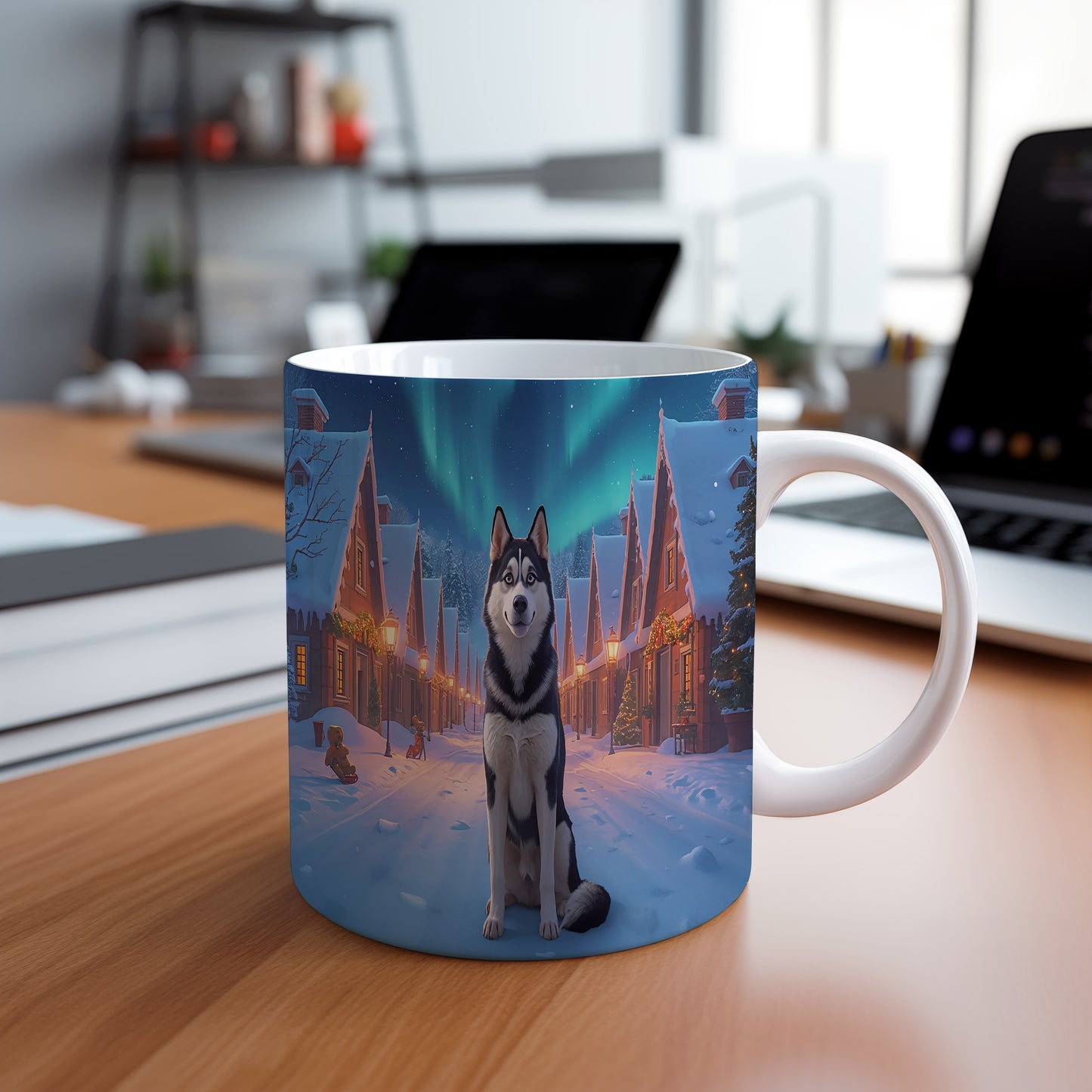 Hrnek s vánočním motivem – polární záře a husky – sníh, husky