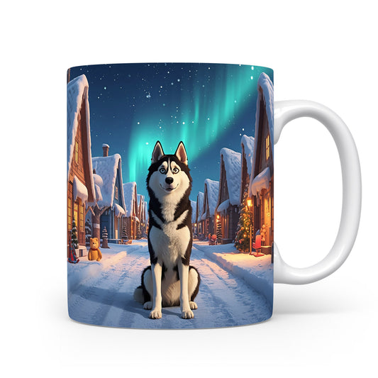 Hrnek s huskym a polární září.