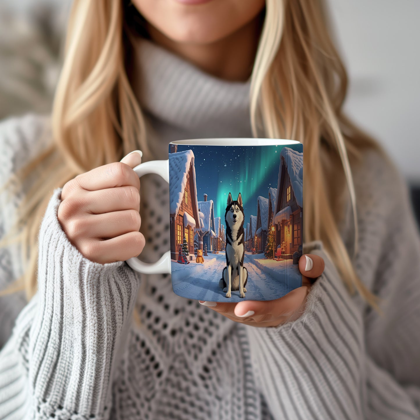 Hrnek s vánočním motivem – polární vesnice s huskym