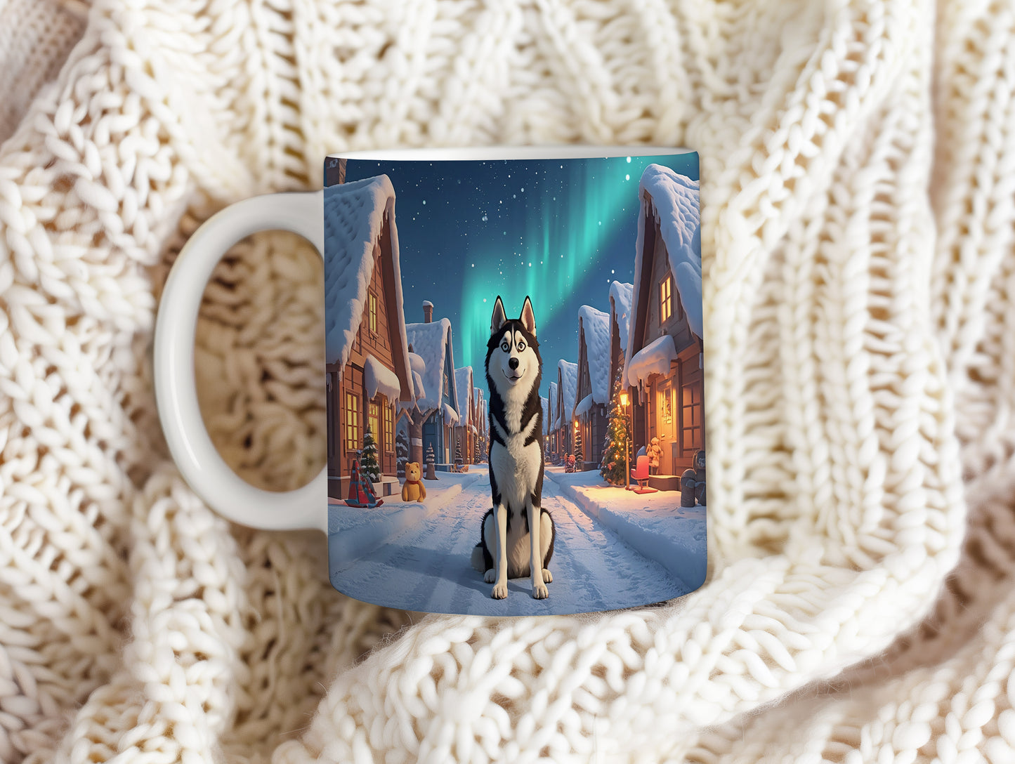 Hrnek s vánočním motivem – polární vesnice s huskym