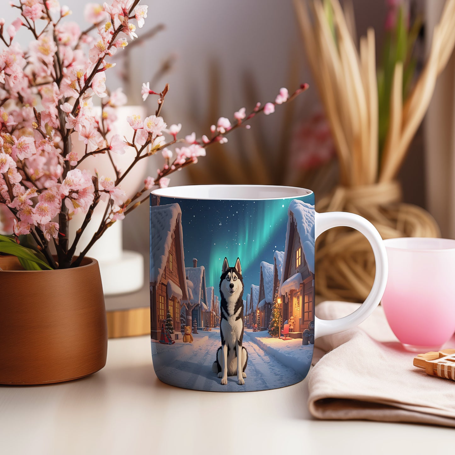 Hrnek s vánočním motivem – polární vesnice s huskym