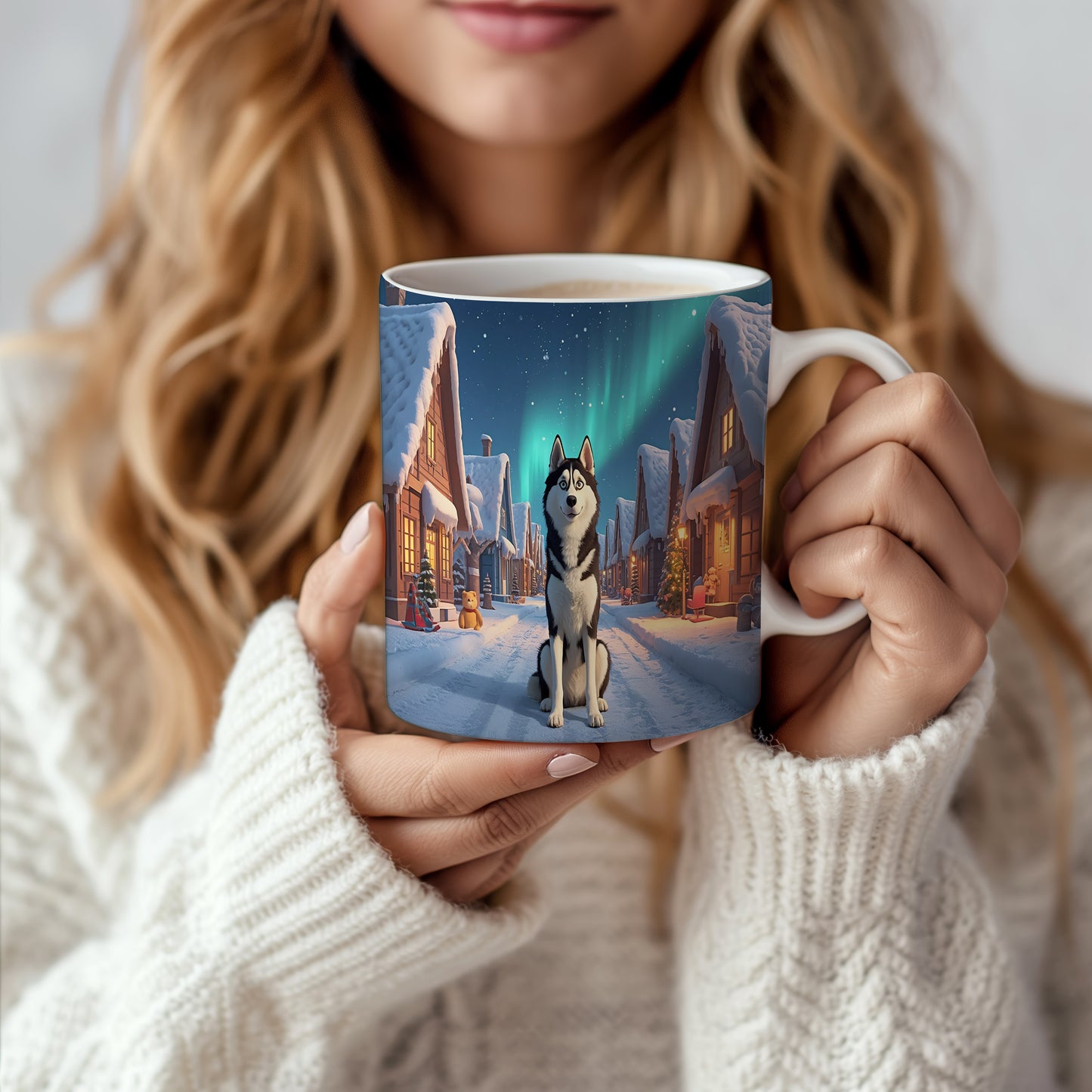 Hrnek s vánočním motivem – polární vesnice s huskym