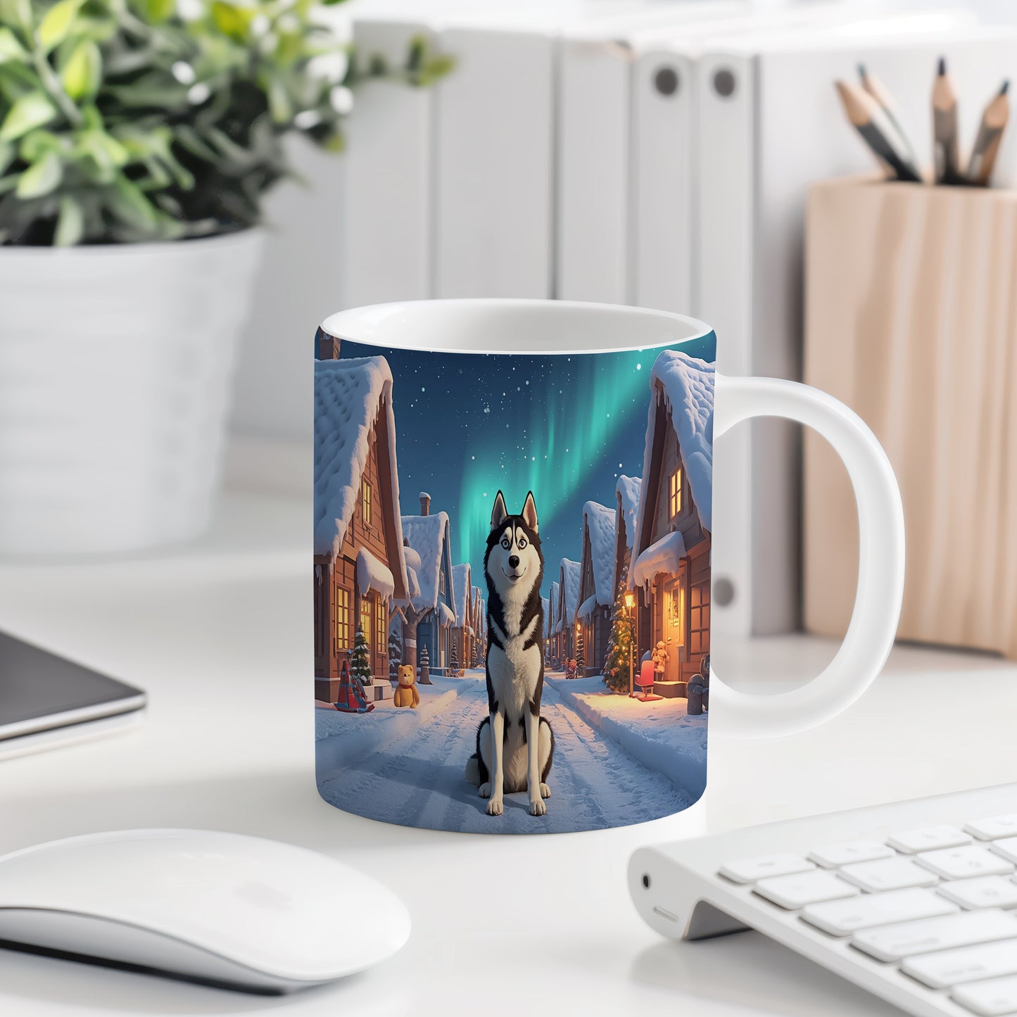 Hrnek s vánočním motivem – polární vesnice s huskym