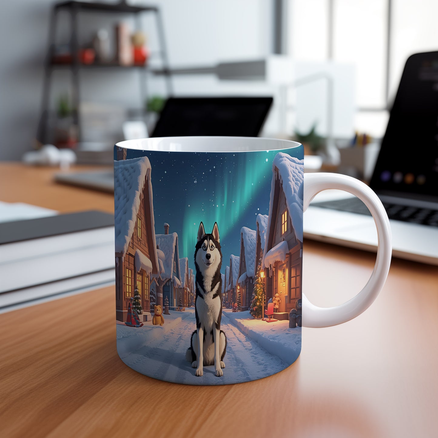 Hrnek s vánočním motivem – polární vesnice s huskym