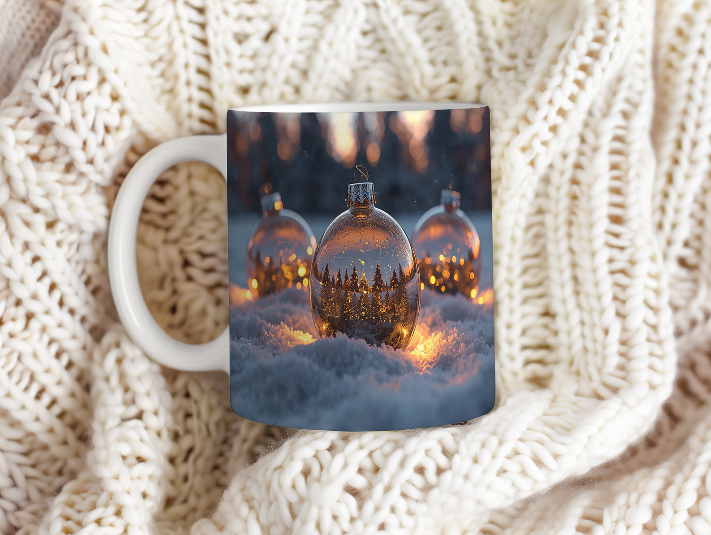 Hrnek s vánočním motivem – třpytivé koule na sněhu