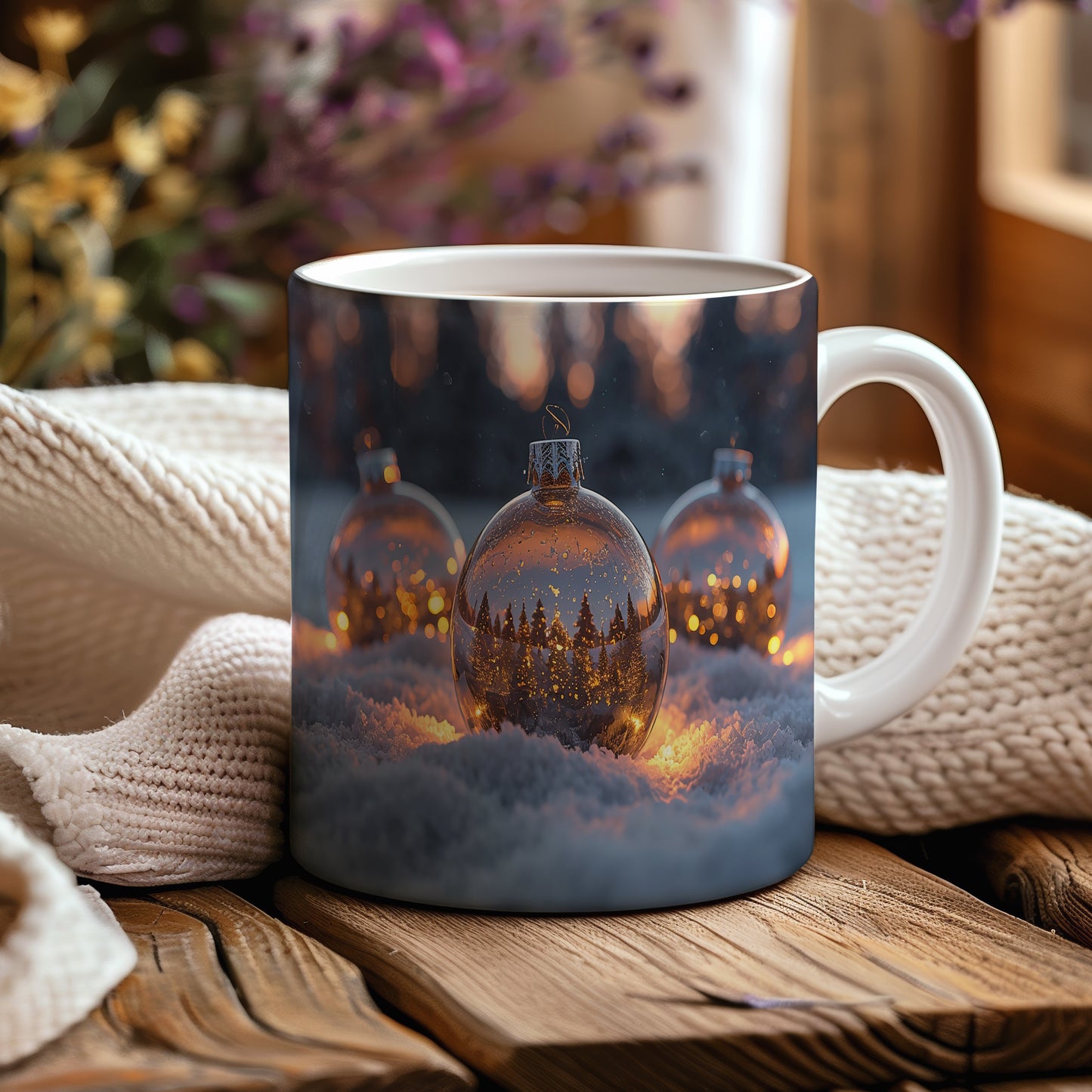 Hrnek s vánočním motivem – třpytivé koule na sněhu